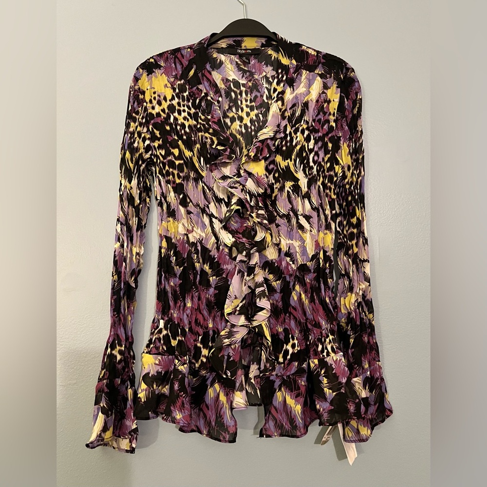 Style & Co. Women's Riffled Blouse in Black, Purple, and Yellow